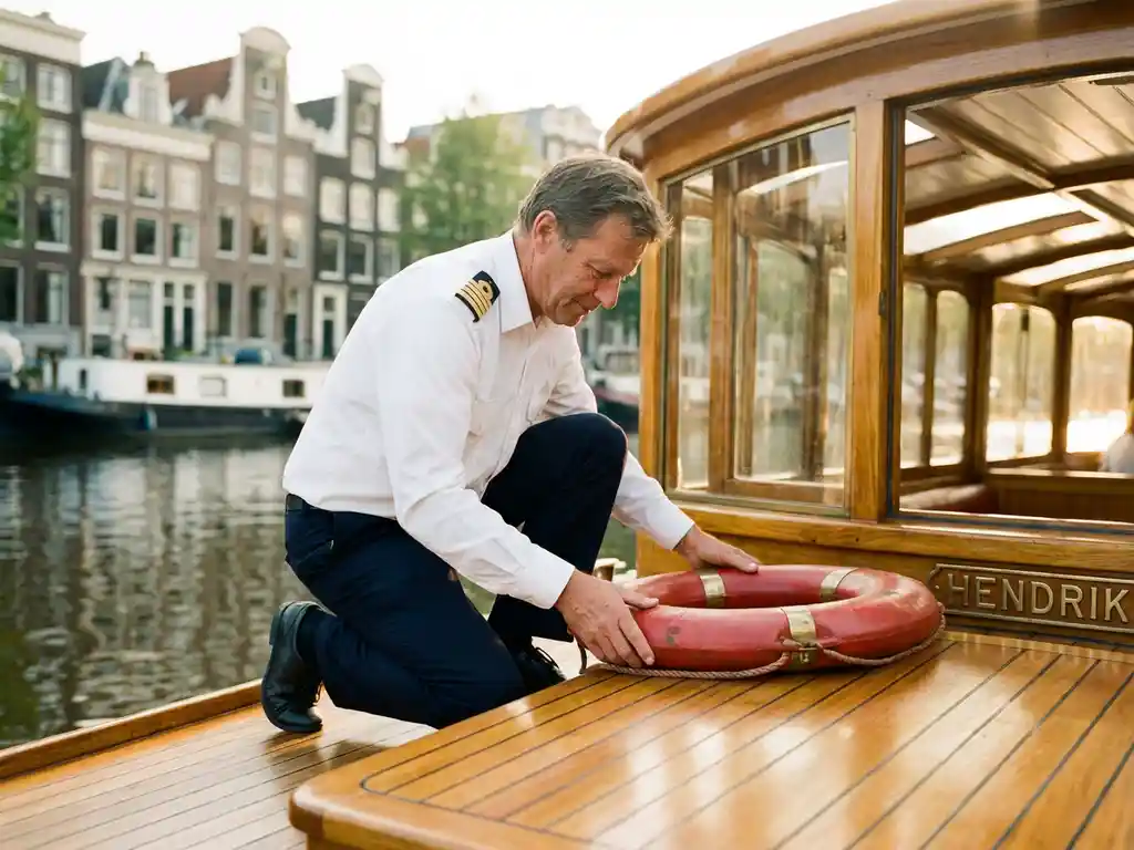 Bootkapitein in wit uniform controleert veiligheidsuitrusting op klassieke Nederlandse salonboot in Amsterdamse gracht