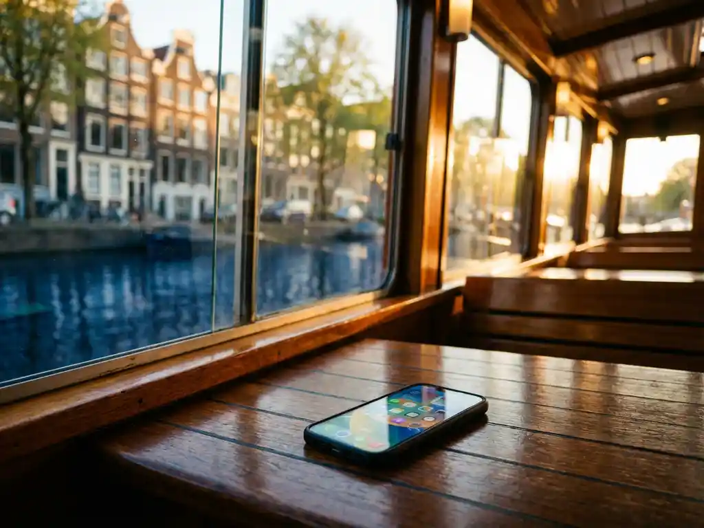 Smartphone met navigatiekaart op houten dek van luxe salonboot, Amsterdamse grachtenpanden weerspiegeld in kalm water