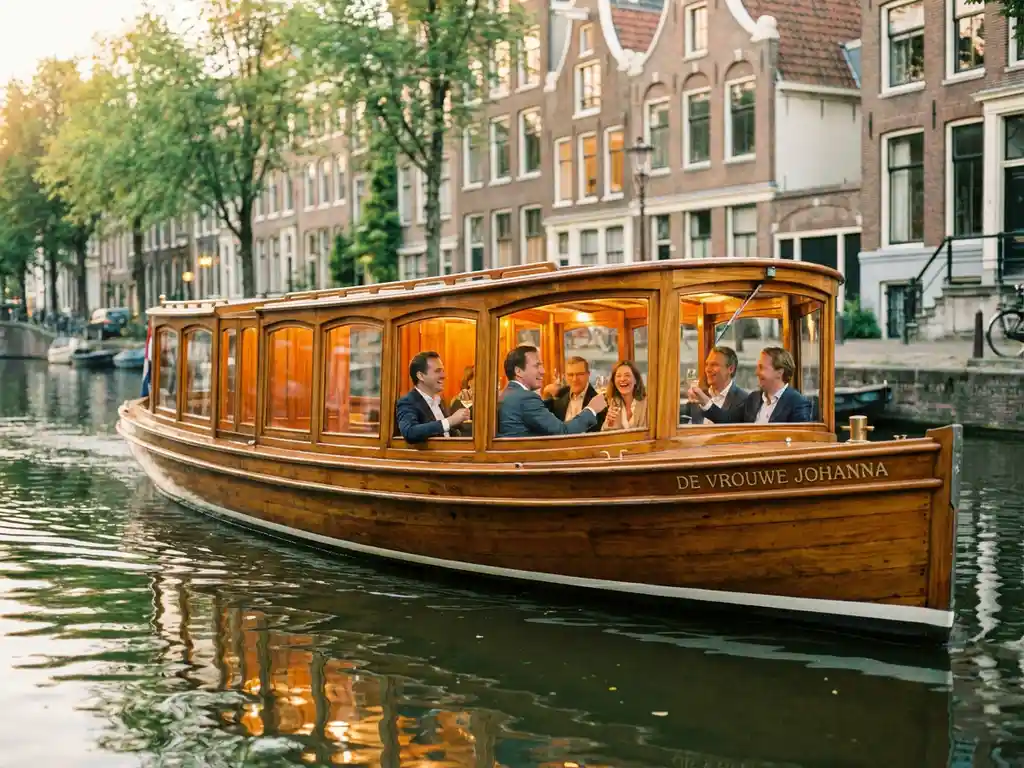 Klassieke overdekte tjalk uit 1910 vaart door smalle Amsterdamse grachten met collega's die toasten in de salon
