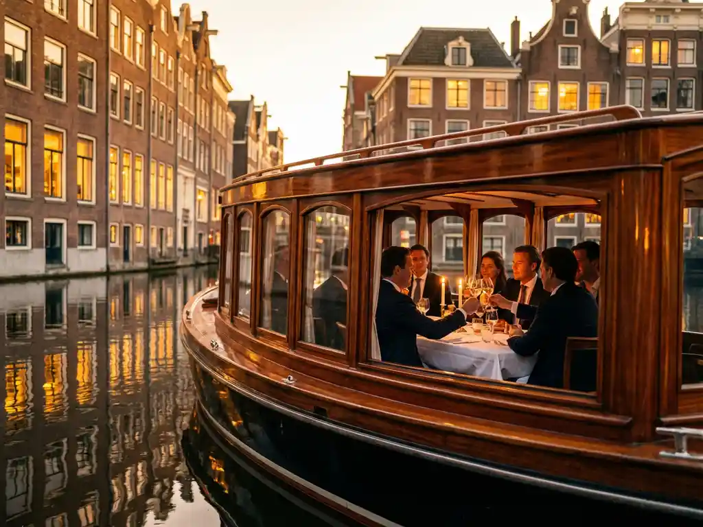 Klassieke overdekte Nederlandse salonboot uit 1910 vaart door smalle Amsterdamse grachten met historische grachtenpanden