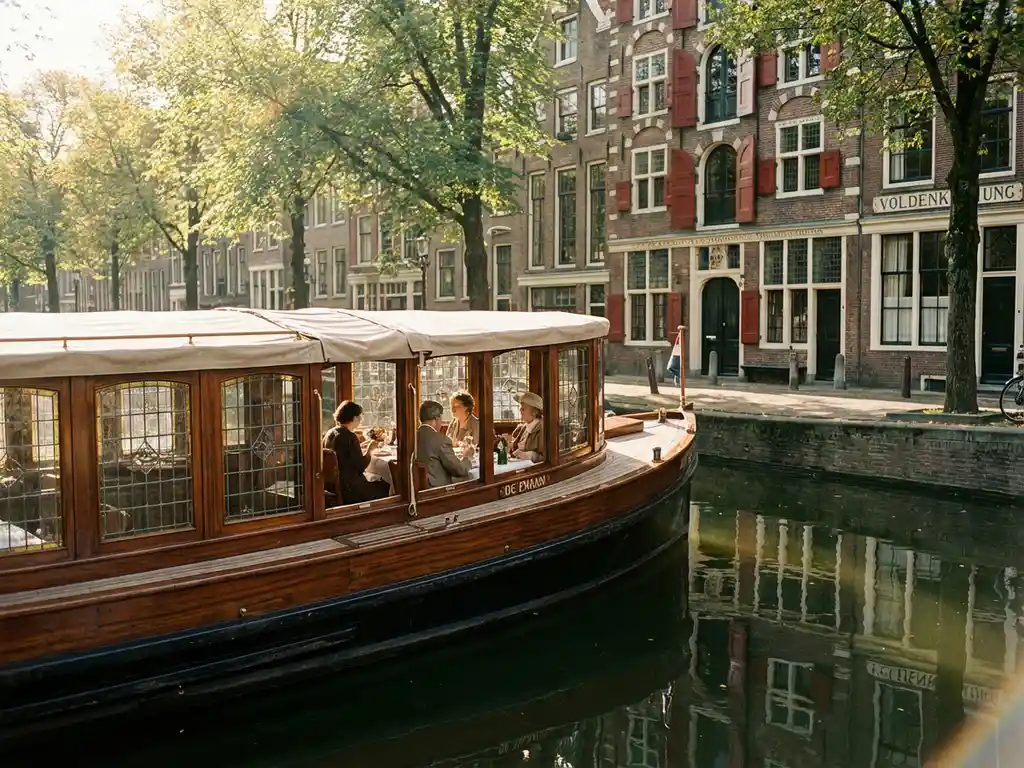 Historische overdekte salon tjalk uit 1910 vaart door smalle Amsterdamse grachten met glanzend iroko hout en gasten aan boord