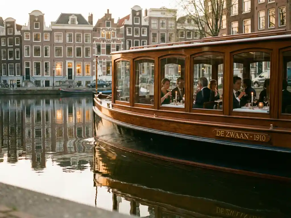 Klassieke overdekte salon tjalk uit 1910 vaart door Amsterdamse grachten, gasten dineren aan boord tussen historische grachtenpanden