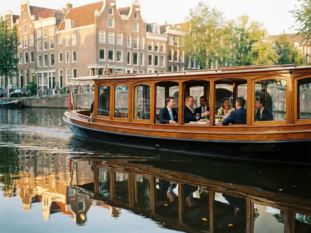Klassieke overdekte salon tjalk uit 1910 vaart door smalle Amsterdamse grachten, glanzend iroko hout in gouden middaglicht