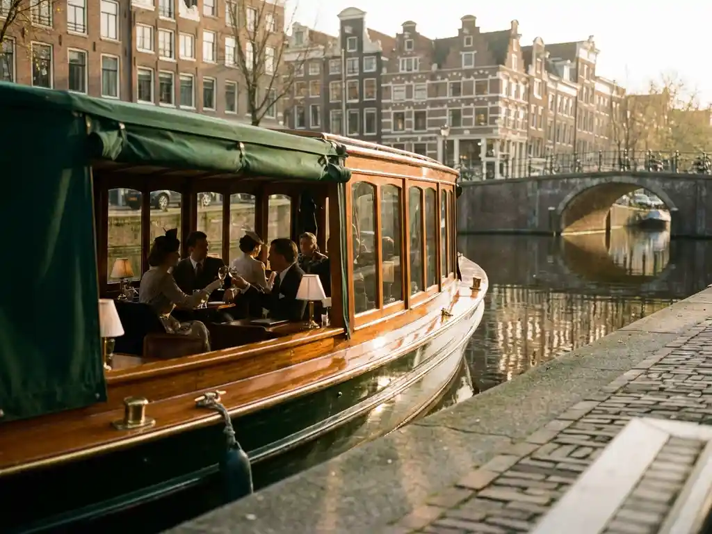 Klassieke overdekte salon tjalk uit 1910 vaart door smalle Amsterdamse grachten, historische grachtenpanden weerspiegelen in kalm water
