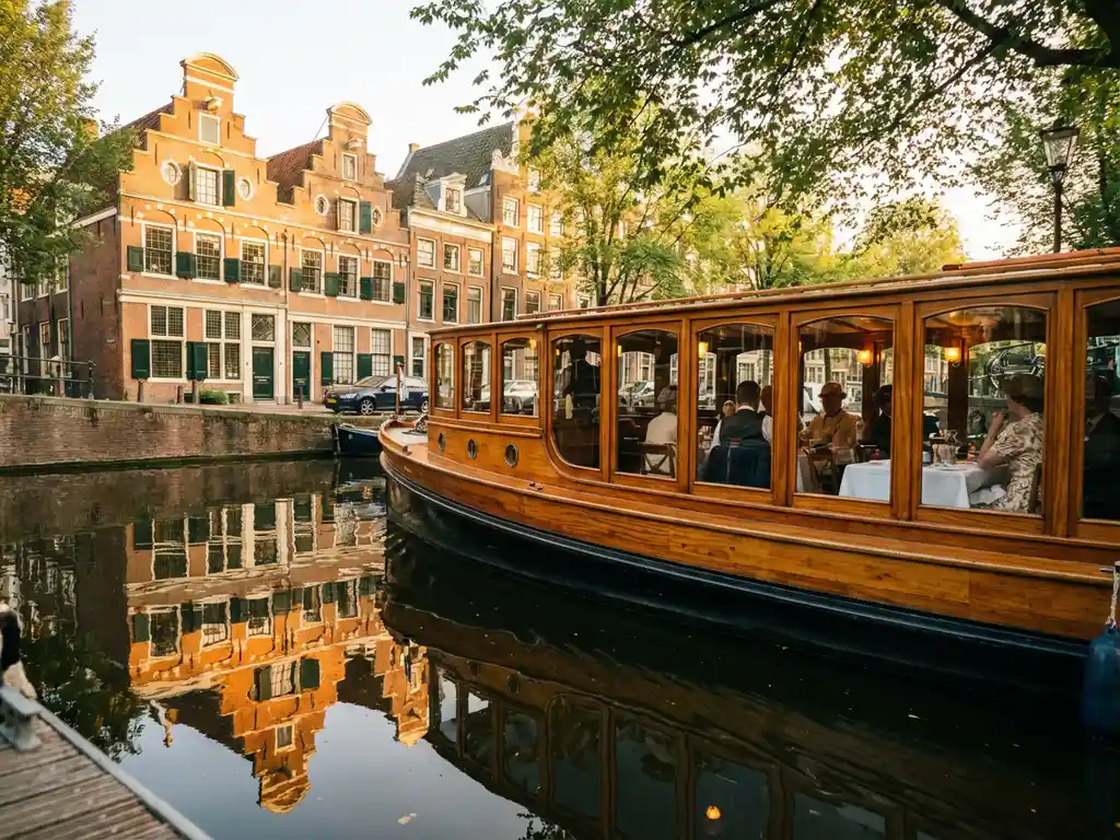 Klassieke overdekte tjalk uit 1910 vaart door smalle Amsterdamse grachten, historische grachtenpanden weerspiegelen in kalm water