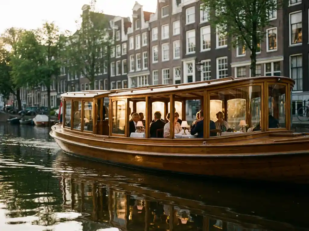 Klassieke overdekte tjalk uit 1910 vaart door smalle Amsterdamse gracht, historische grachtenpanden weerspiegeld in water