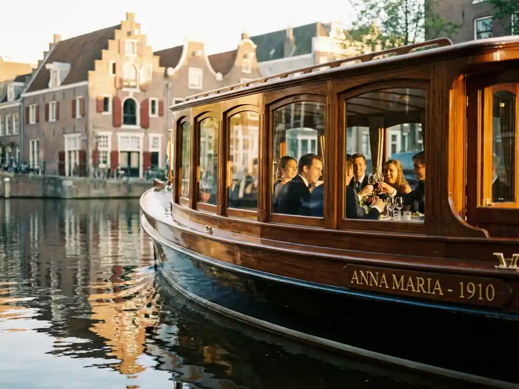 Klassieke overdekte salon tjalk uit 1910 vaart door smalle Amsterdamse grachten, met glanzend iroko hout en historische grachtenpanden