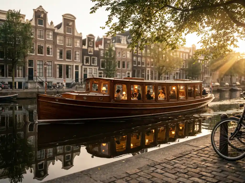 Klassieke overdekte salon tjalk uit 1910 vaart door Amsterdamse grachten met 17e-eeuwse grachtenpanden weerspiegeld in het water