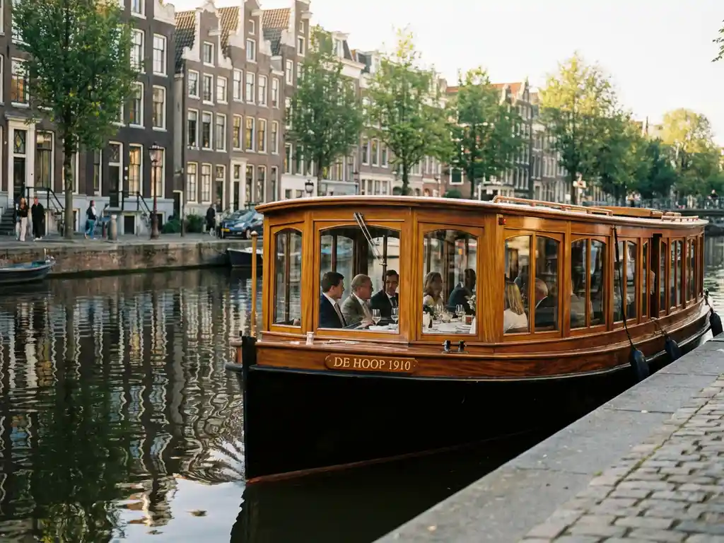 Klassieke overdekte Nederlandse salonboot uit 1910 vaart door Amsterdamse grachten met historische 17e-eeuwse grachtenpanden