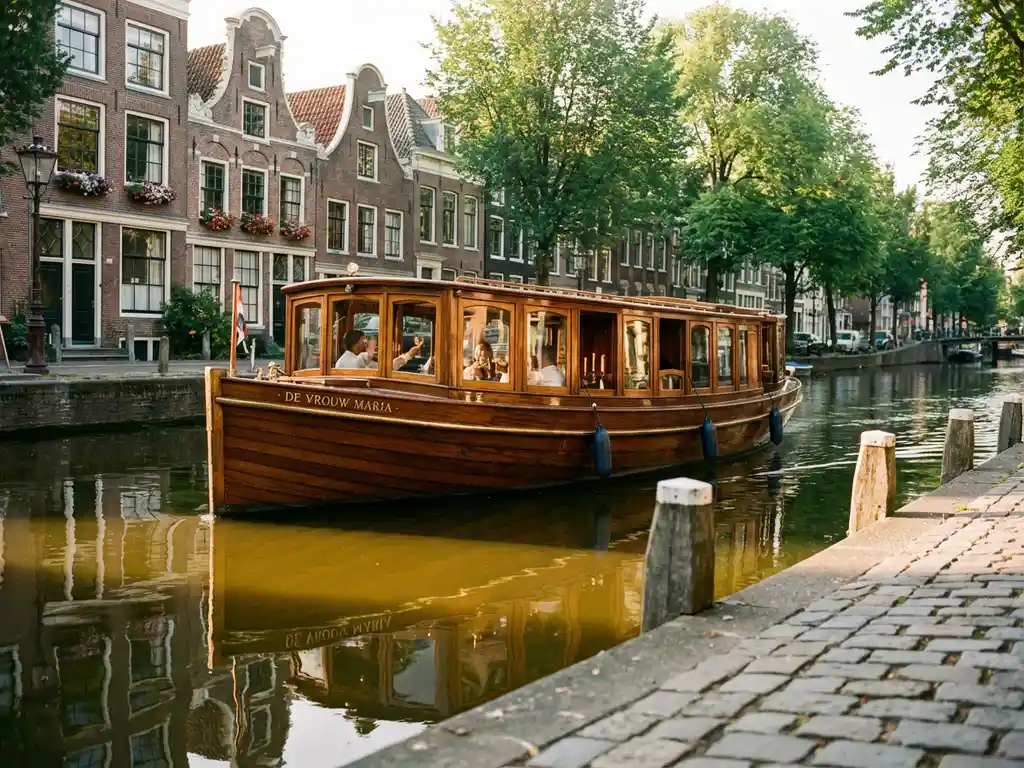 Klassieke overdekte salon tjalk uit 1910 vaart door smalle Amsterdamse grachten, gasten dineren binnen terwijl historische grachtenpanden weerspiegelen in het water