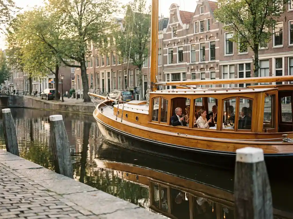 Klassieke overdekte tjalk uit 1910 vaart door smalle Amsterdamse grachten met gasten aan boord, historische grachtenpanden weerspiegelen in het water
