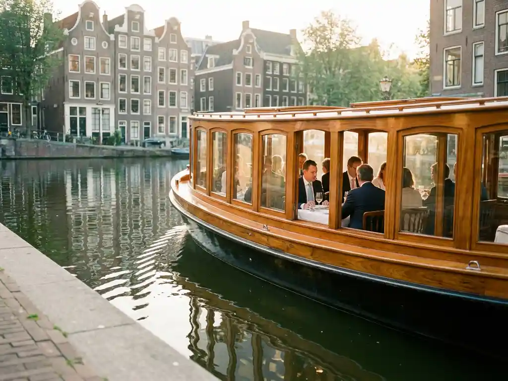 Klassieke overdekte Nederlandse salonboot uit 1910 vaart door smalle Amsterdamse grachten met historische grachtenpanden