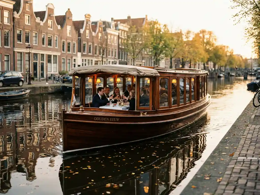 Klassieke overdekte Nederlandse salonboot uit 1910 vaart door smalle Amsterdamse grachten, gasten dineren in glazen salon