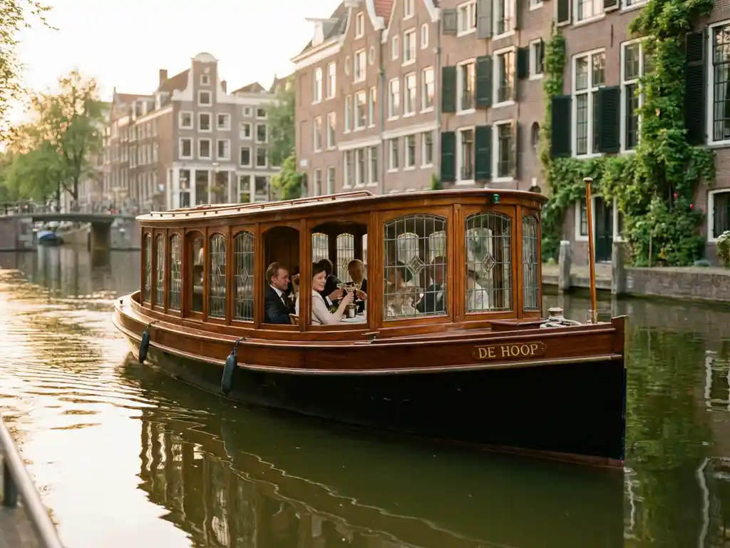Klassieke overdekte Nederlandse salonboot uit 1910 vaart door smalle Amsterdamse gracht, historische grachtenpanden weerspiegelen in water