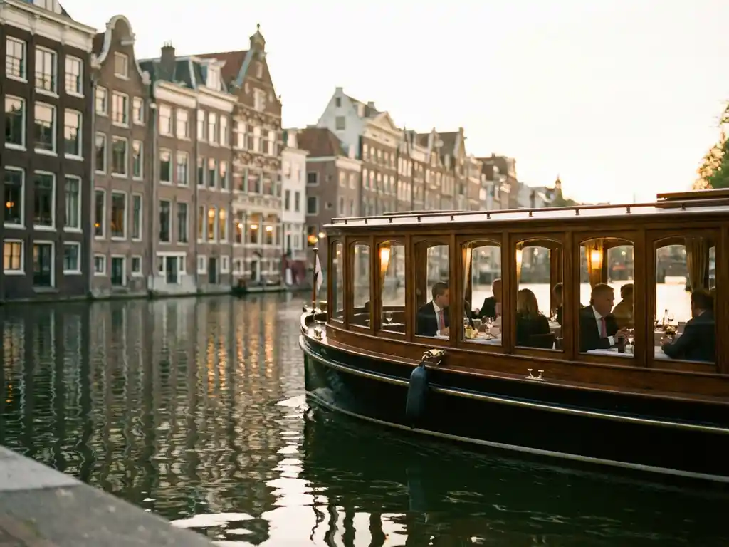 Klassieke overdekte salon tjalk uit 1910 vaart door smalle Amsterdamse grachten, glanzend iroko hout en historische grachtenpanden