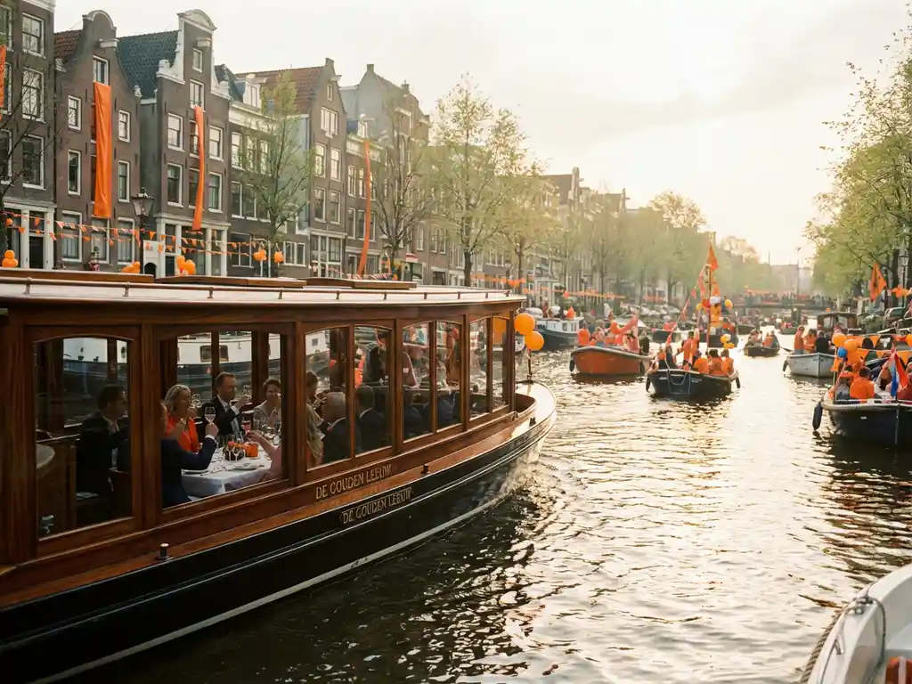 Klassieke overdekte Nederlandse salonboot uit 1910 met iroko hout vaart door Amsterdamse grachten tijdens Koningsdag