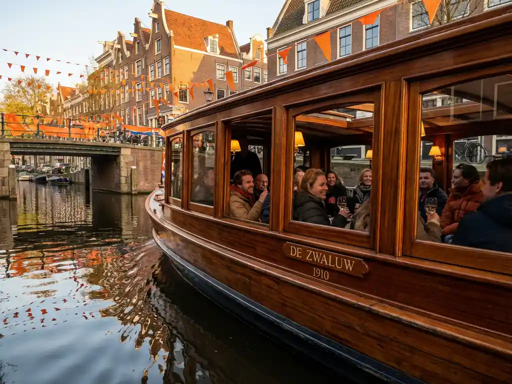 Klassieke overdekte Nederlandse salonboot uit 1910 vaart door smalle Amsterdamse grachten met historische grachtenpanden