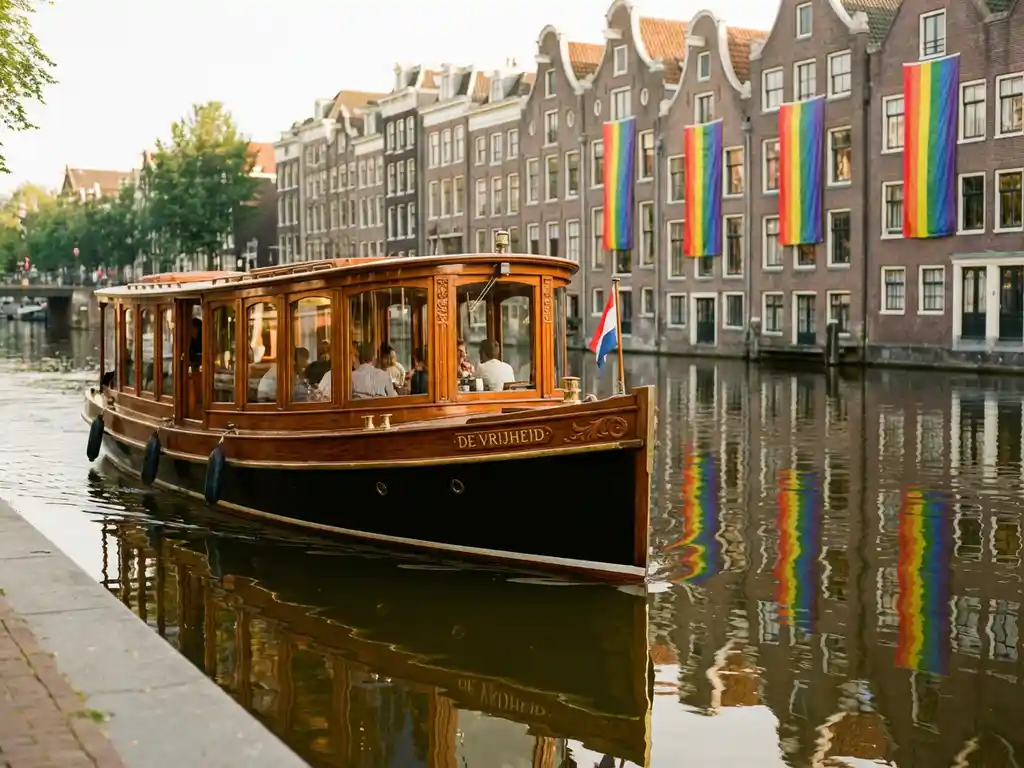 Klassieke overdekte salon tjalk uit 1910 vaart door Amsterdamse grachten met regenboogvlaggen aan historische gevels