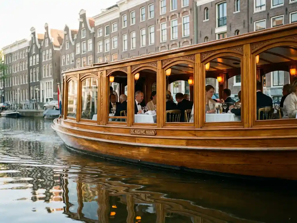 Klassieke overdekte Nederlandse salonboot uit 1910 vaart door smalle Amsterdamse grachten met historische grachtenpanden