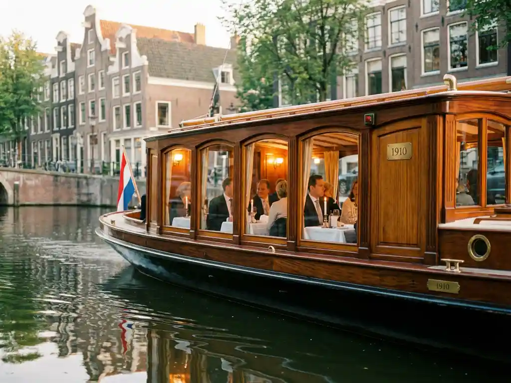 Klassieke overdekte salon tjalk uit 1910 vaart door Amsterdamse grachten, gasten dineren aan boord, historische grachtenpanden weerspiegelen in water