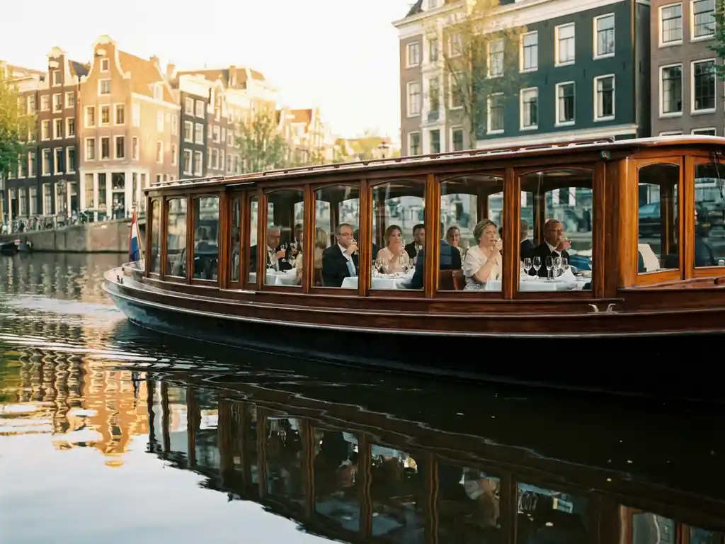 Klassieke overdekte Nederlandse salonkotter uit 1910 vaart door Amsterdamse grachten met gasten dinerend aan boord, historische grachtenpanden weerspiegeld in het water