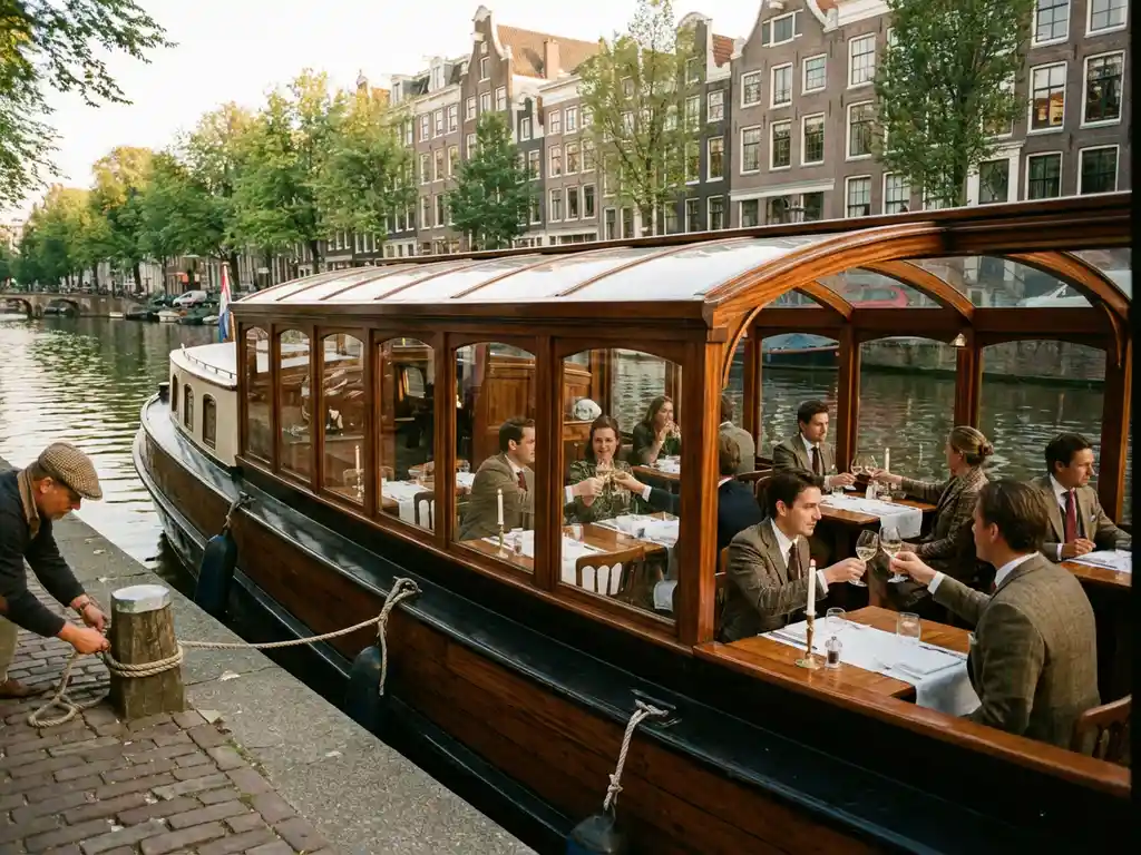Klassieke overdekte tjalk uit 1910 vaart door Amsterdamse grachten met dinerende zakenmensen aan boord bij gouden uurtje