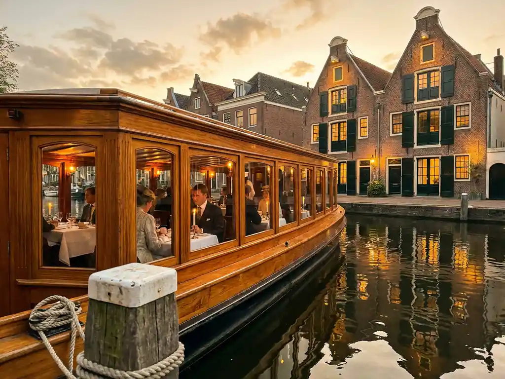 Klassieke overdekte Nederlandse salonboot uit 1910 vaart door Amsterdamse grachten met gasten aan gedekte tafels