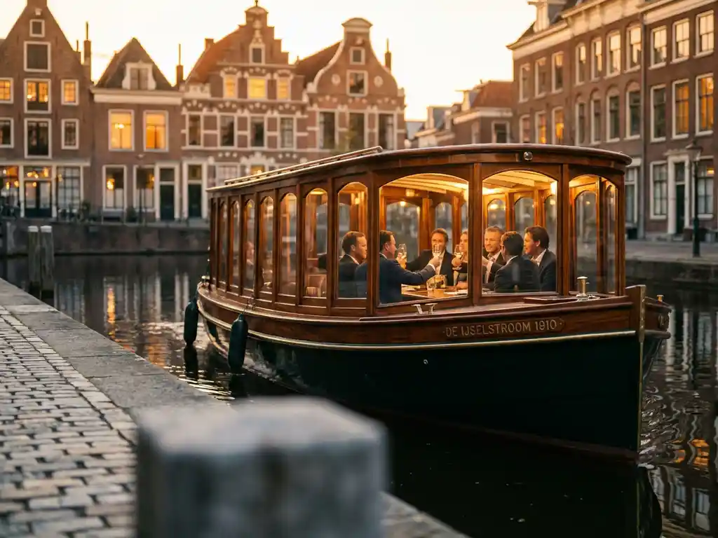 Klassieke overdekte salon tjalk uit 1910 vaart door smalle Amsterdamse grachten met glanzend iroko hout en gasten aan boord