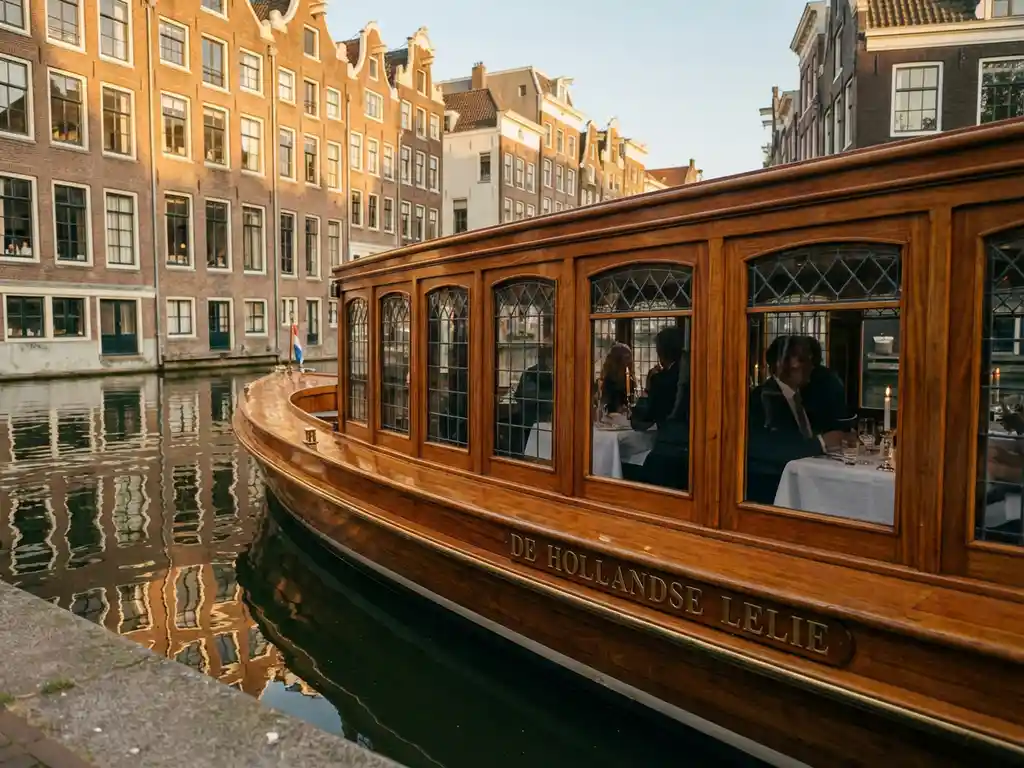 Klassieke overdekte salon tjalk uit 1910 vaart door smalle Amsterdamse grachten, gepolijst iroko hout glanst in gouden middaglicht