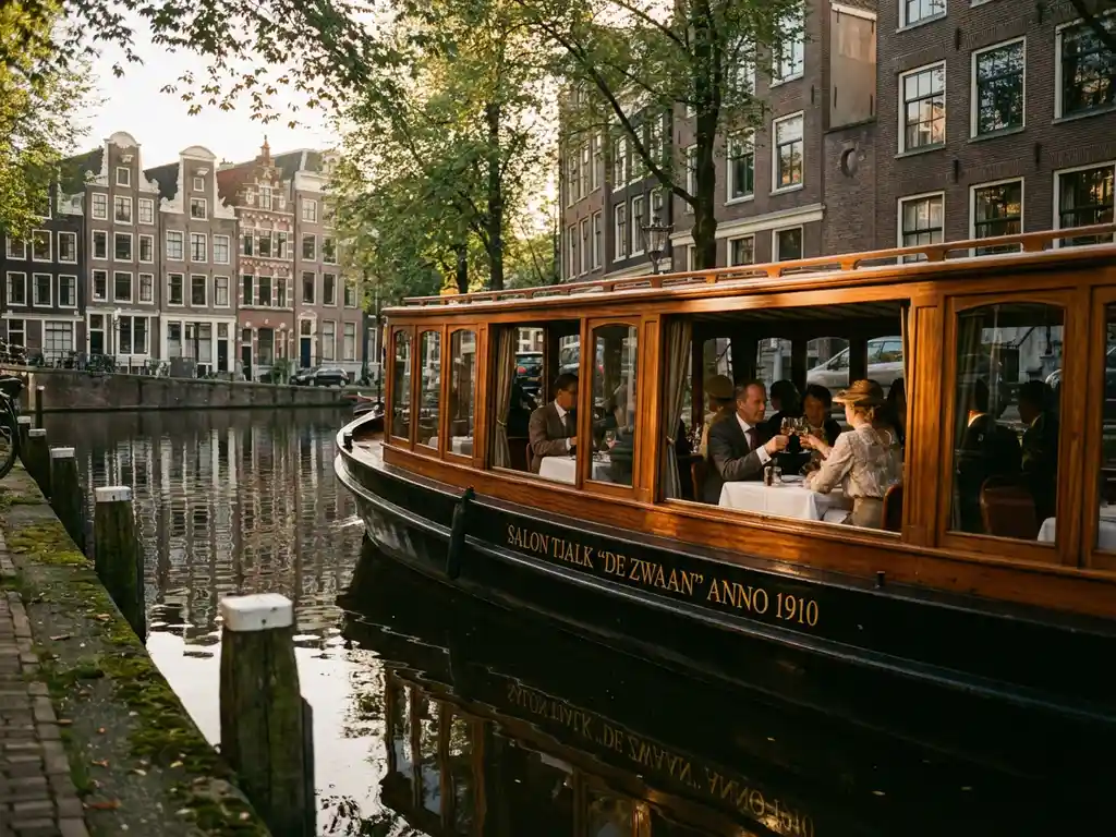 Klassieke overdekte salon tjalk uit 1910 vaart door smalle Amsterdamse grachten met historische grachtenpanden