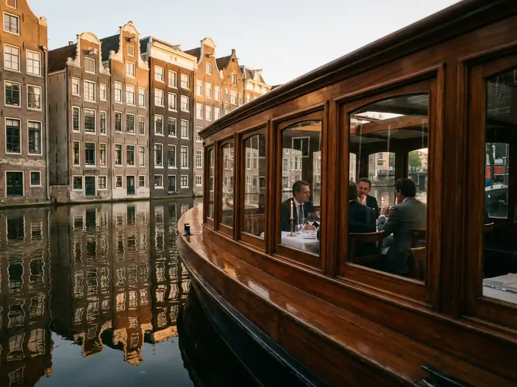 Klassieke overdekte Nederlandse salonboot uit 1910 vaart door smalle Amsterdamse gracht met historische grachtenpanden