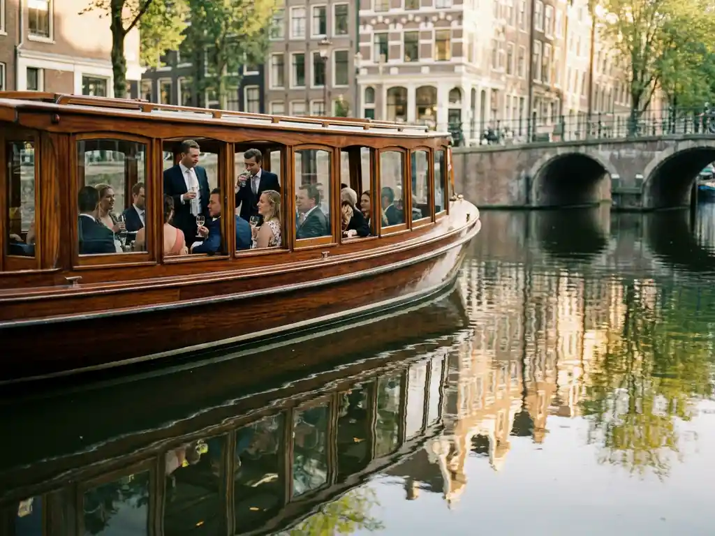 Klassieke overdekte Nederlandse salonboot uit 1910 vaart door Amsterdamse grachten met zakenmensen aan boord