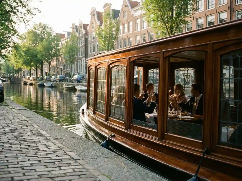 Klassieke overdekte tjalk uit 1910 vaart door smalle Amsterdamse grachten met glanzende iroko houten romp en historische grachtenpanden