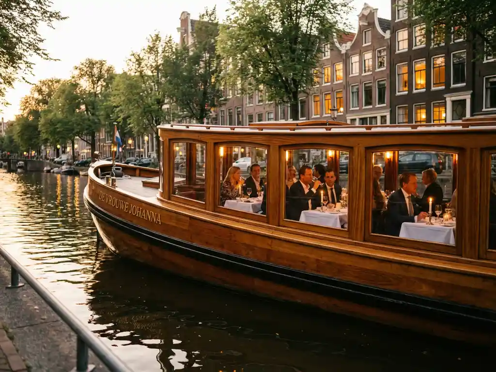 Klassieke overdekte salon tjalk uit 1910 vaart door Amsterdamse grachten, gasten dineren bij kaarslicht, historische grachtenpanden weerspiegelen in het water