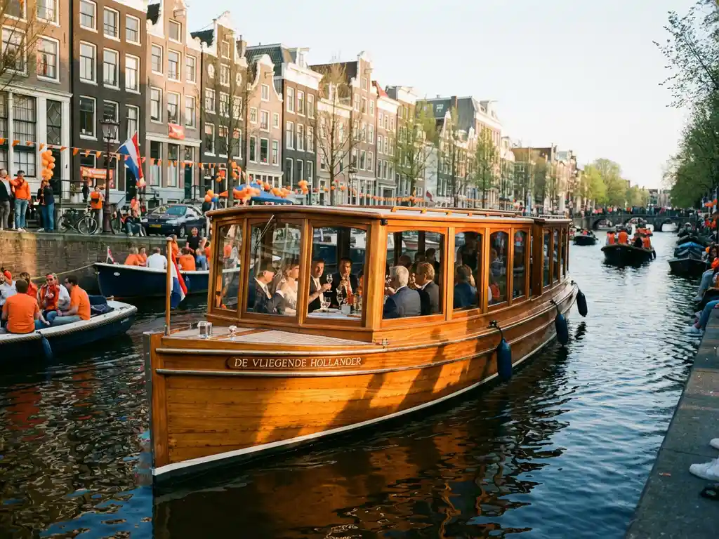 Klassieke overdekte tjalk uit 1910 vaart door Amsterdamse gracht tijdens Koningsdag, gasten dineren in glazen salon