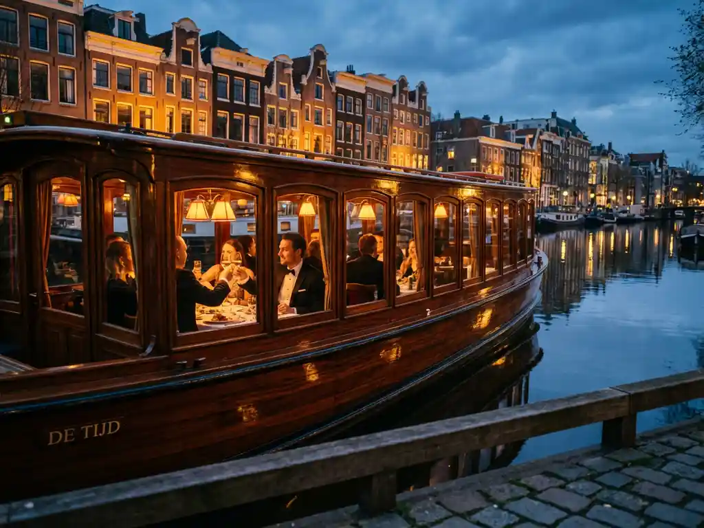 Klassieke overdekte salon tjalk uit 1910 vaart door Amsterdamse grachten, gasten dineren binnen terwijl historische grachtenpanden reflecteren in het water