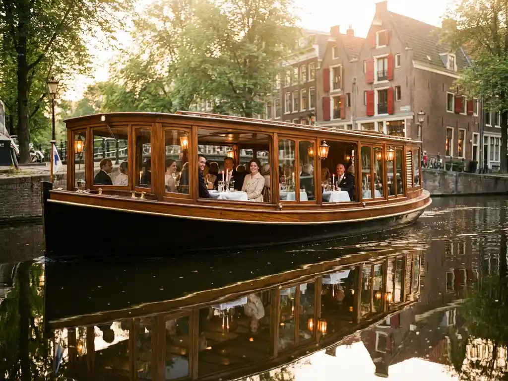 Klassieke 1910 Nederlandse salon tjalk vaart door smalle Amsterdamse gracht met gasten aan gedekte tafels, historische grachtenpanden weerspiegelen in water