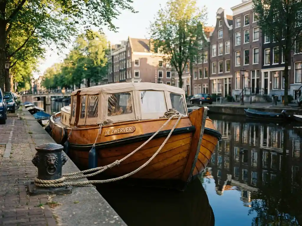 Klassieke overdekte Nederlandse salonboot uit 1910 met gepolijst iroko hout vaart door smalle Amsterdamse gracht bij zonsondergang