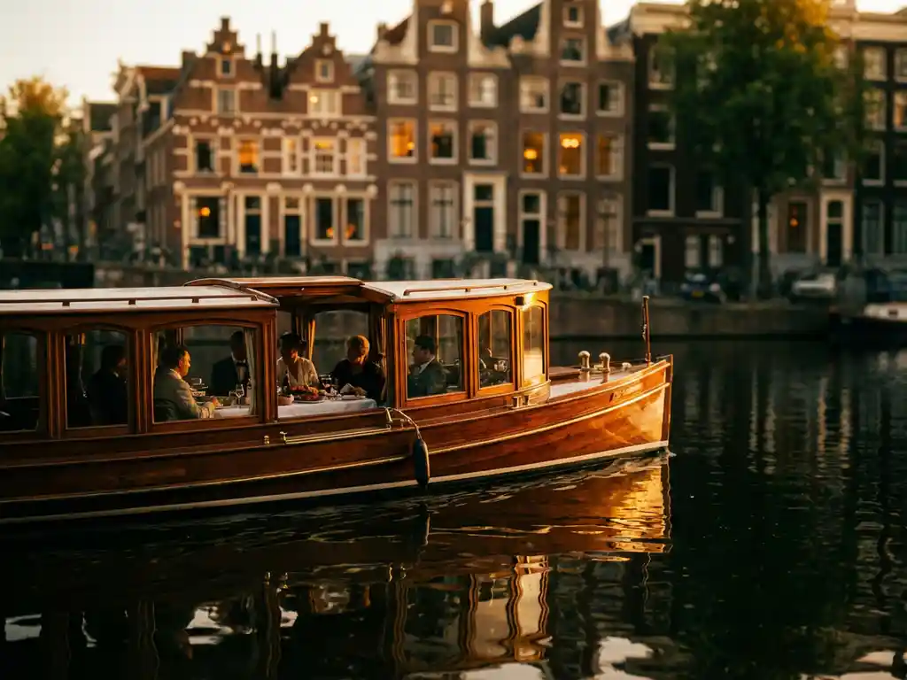 Klassieke overdekte salon tjalk uit 1910 vaart door smalle Amsterdamse grachten, gasten dineren binnen terwijl historische grachtenpanden reflecteren in het water