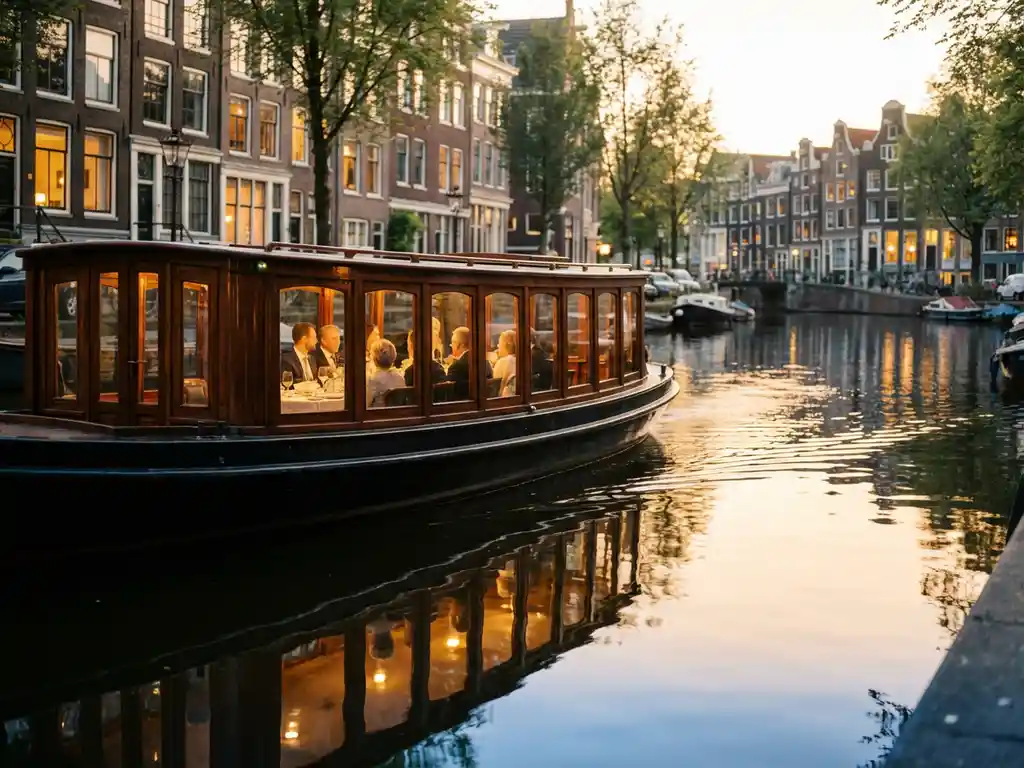 Klassieke overdekte salon tjalk uit 1910 vaart door rustige Amsterdamse grachten tijdens gouden uur met gasten aan diner