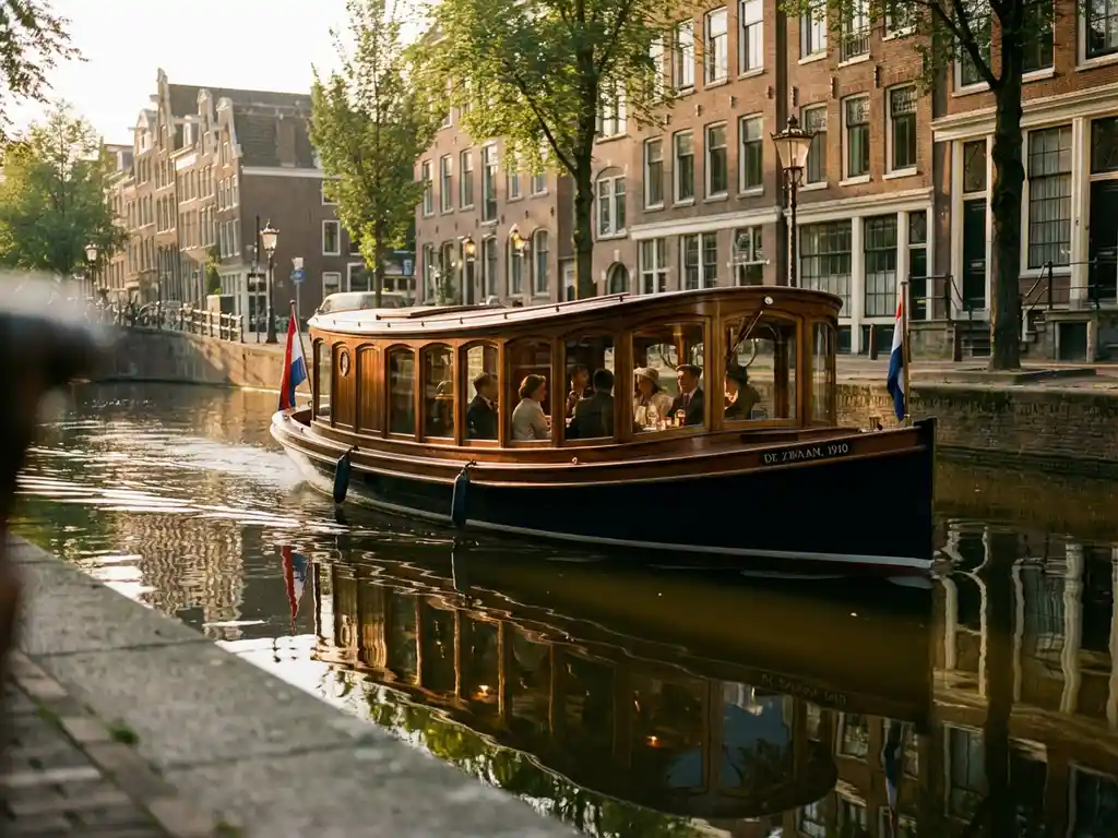 Klassieke overdekte salon tjalk uit 1910 vaart door Amsterdamse grachten met gasten aan boord, historische grachtenpanden weerspiegelen in het water