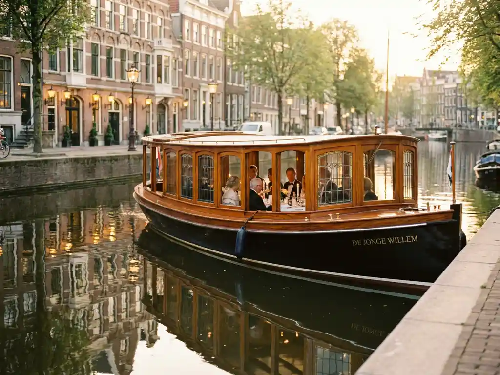 Klassieke overdekte tjalk uit 1910 vaart door smalle Amsterdamse grachten, glimmend iroko hout, gasten dineren in salon