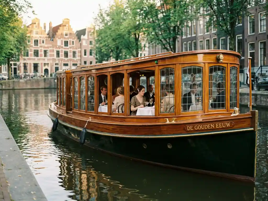 Klassieke overdekte Nederlandse salonboot uit 1910 vaart door smalle Amsterdamse gracht met historische grachtenpanden