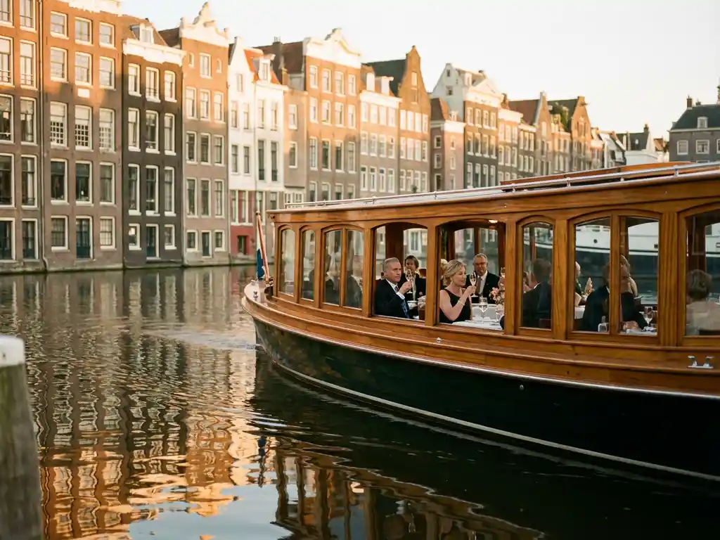 Klassieke overdekte Nederlandse salonboot uit 1910 vaart door smalle Amsterdamse gracht met historische grachtenpanden