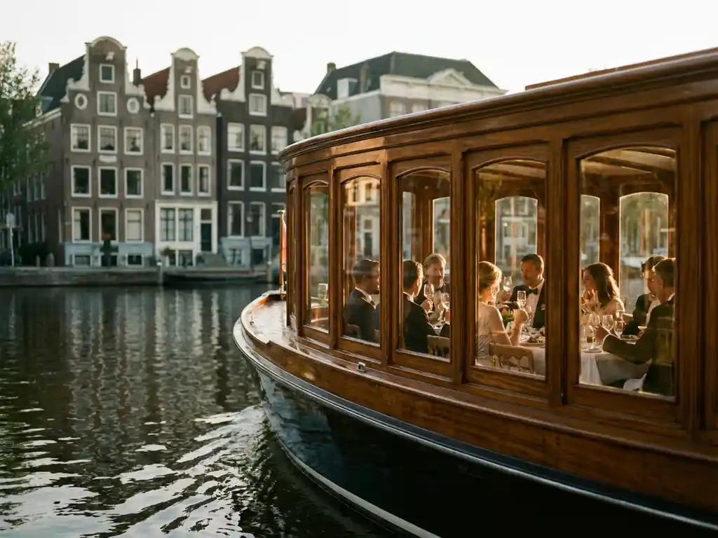 Klassieke overdekte salonboot uit 1910 vaart door Amsterdamse grachten met gasten aan boord, historische grachtenpanden weerspiegelen in het water