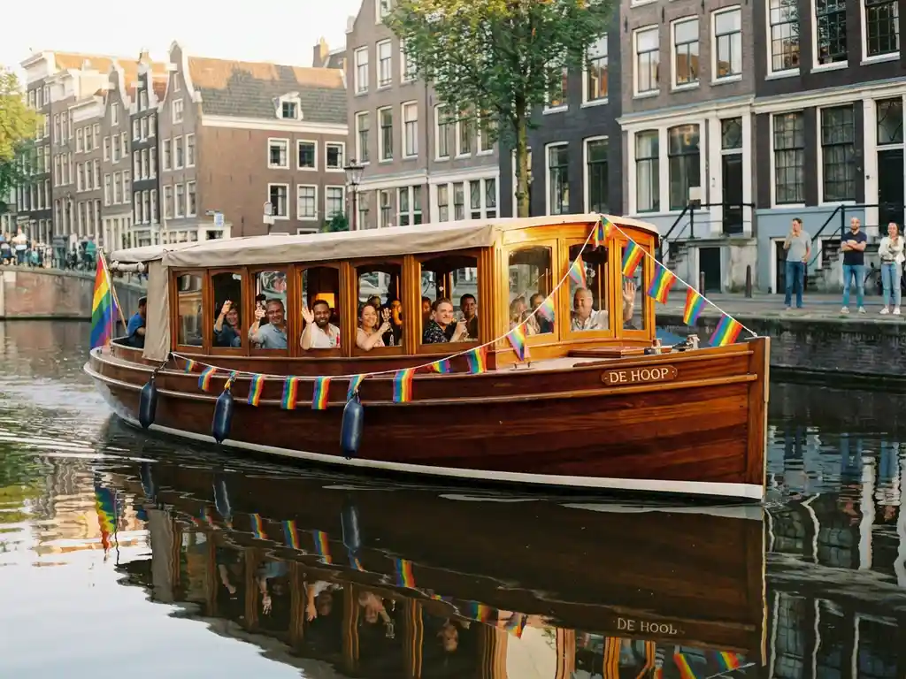 Klassieke overdekte Nederlandse salonboot uit 1910 met Pride-vlaggen vaart door Amsterdamse grachten tijdens gouden uur