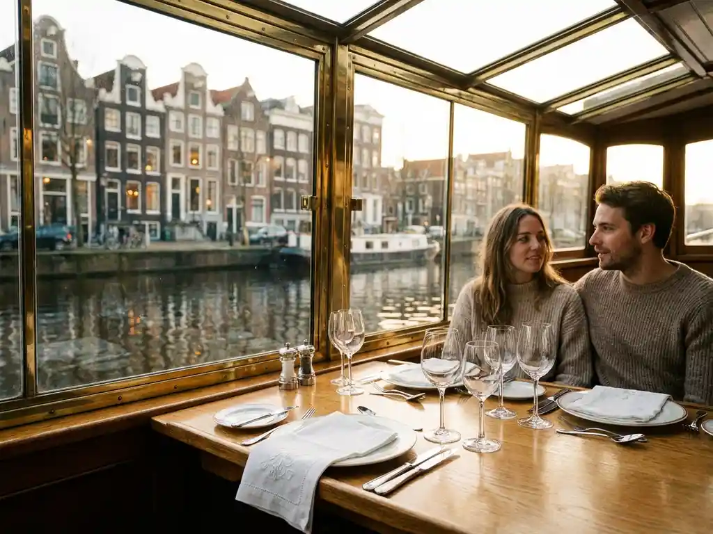 Elegante eettafel met glaswerk en wit linnen aan boord van klassieke Nederlandse tjalk, grachtenhuizen Amsterdam op achtergrond