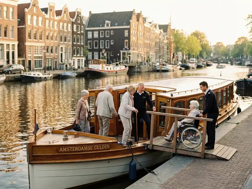 Luxe salonboot met rolstoeltoegankelijke houten loopplank, crew verwelkomt gasten inclusief rolstoelgebruiker op Amsterdamse gracht met historische grachtenpanden