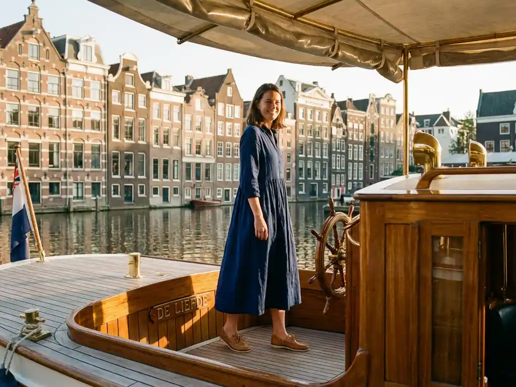 Elegante vrouw in midi jurk en bootschoenen op houten dek van klassieke salonboot, Amsterdamse grachtenpanden weerspiegeld in kalm water