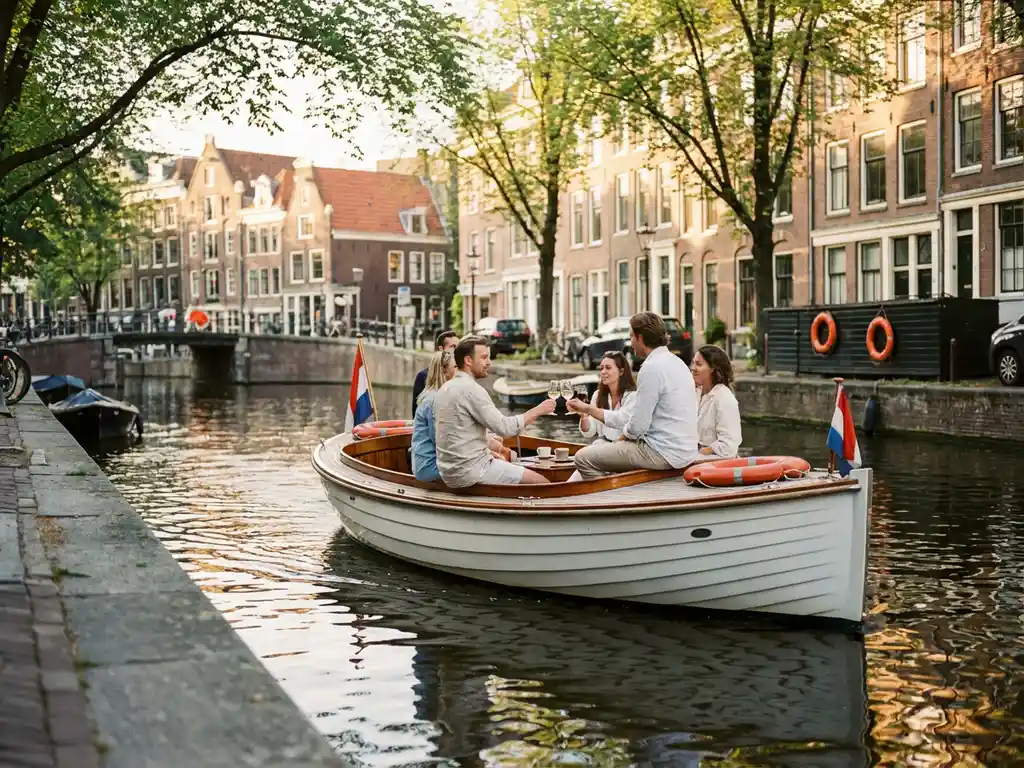 Witte zeilboot vaart door Amsterdamse grachten met passagiers aan dek, historische grachtenpanden weerspiegeld in water